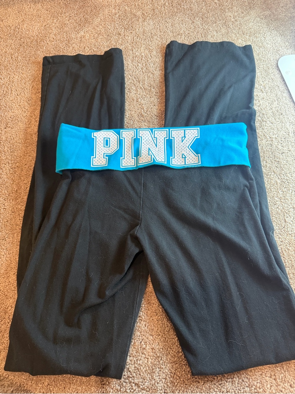PINK Victoria's Secret VINTAGE Black Leggings with Blue Fold-Over Waistband Smal